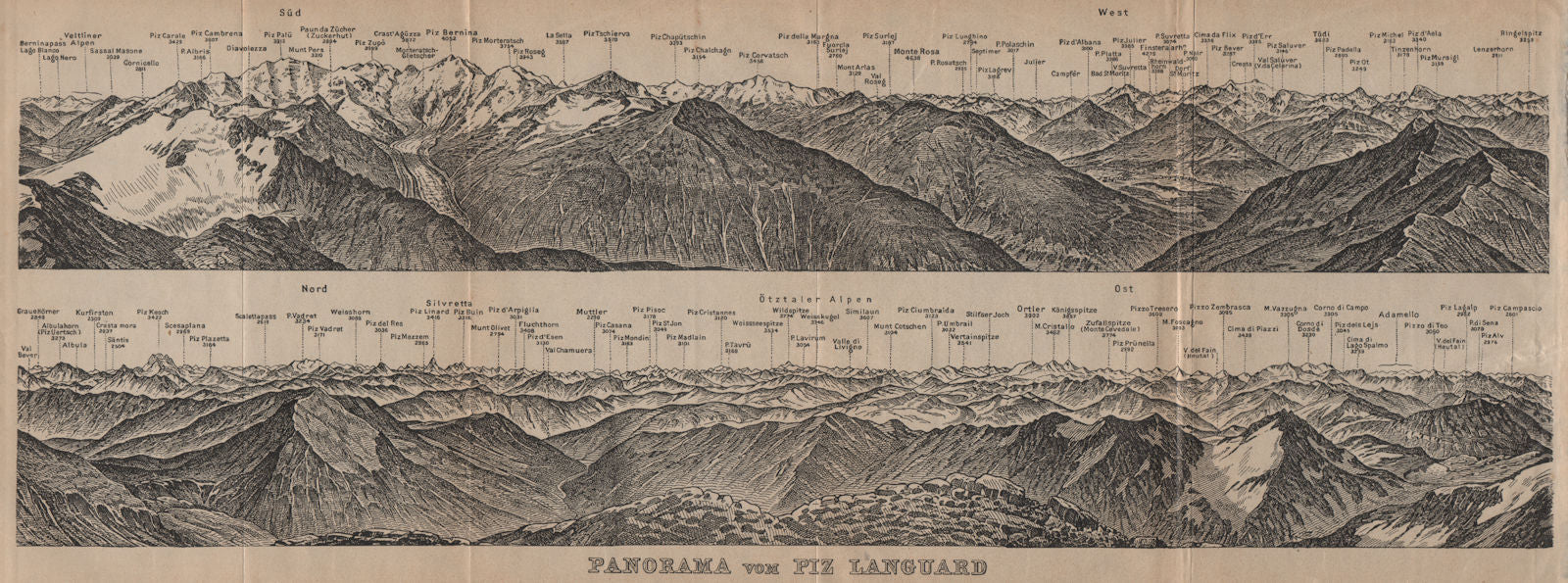PIZ LANGUARD PANORAMA. Bernina Roseg Monte Rosa Mont Blanc Cristallo 1905 map